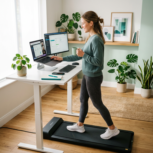 Person walking on a compact walking pad treadmill while working at a standing desk in a modern home office